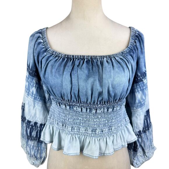 Anthropologie Pilcro Blue Ombre Chambray Smocked Square Neck Cropped Top - Picture 6 of 14